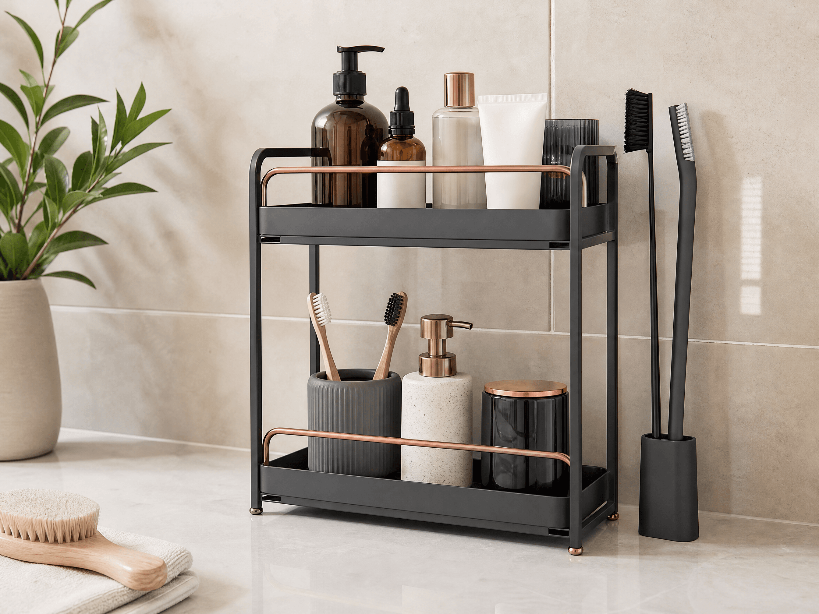 Two-tier bathroom organiser with toothbrush holder and gap brushes on cream tiles