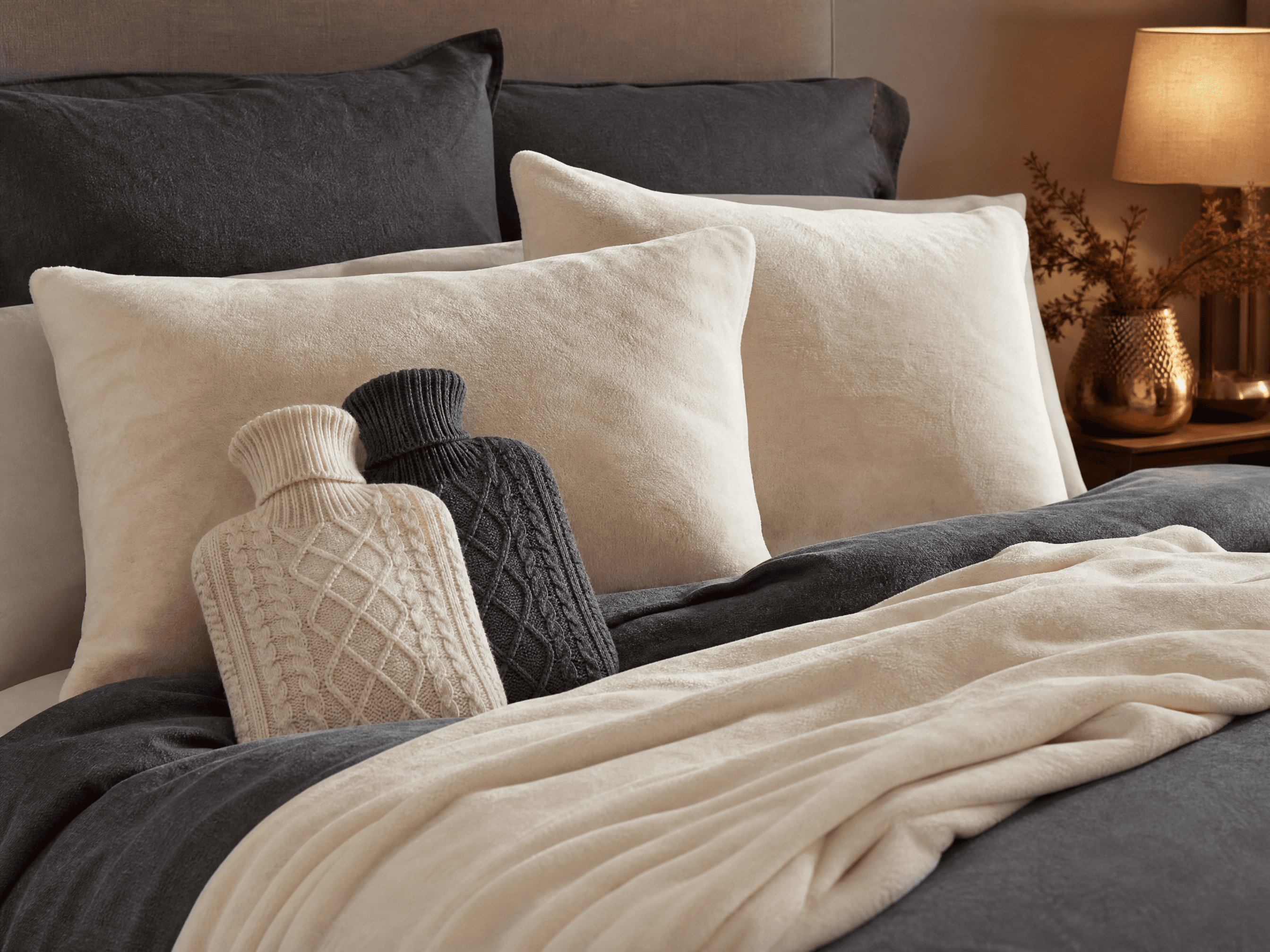 Two covered hot water bottles, flannel pillowcases and a light blanket on a made bed