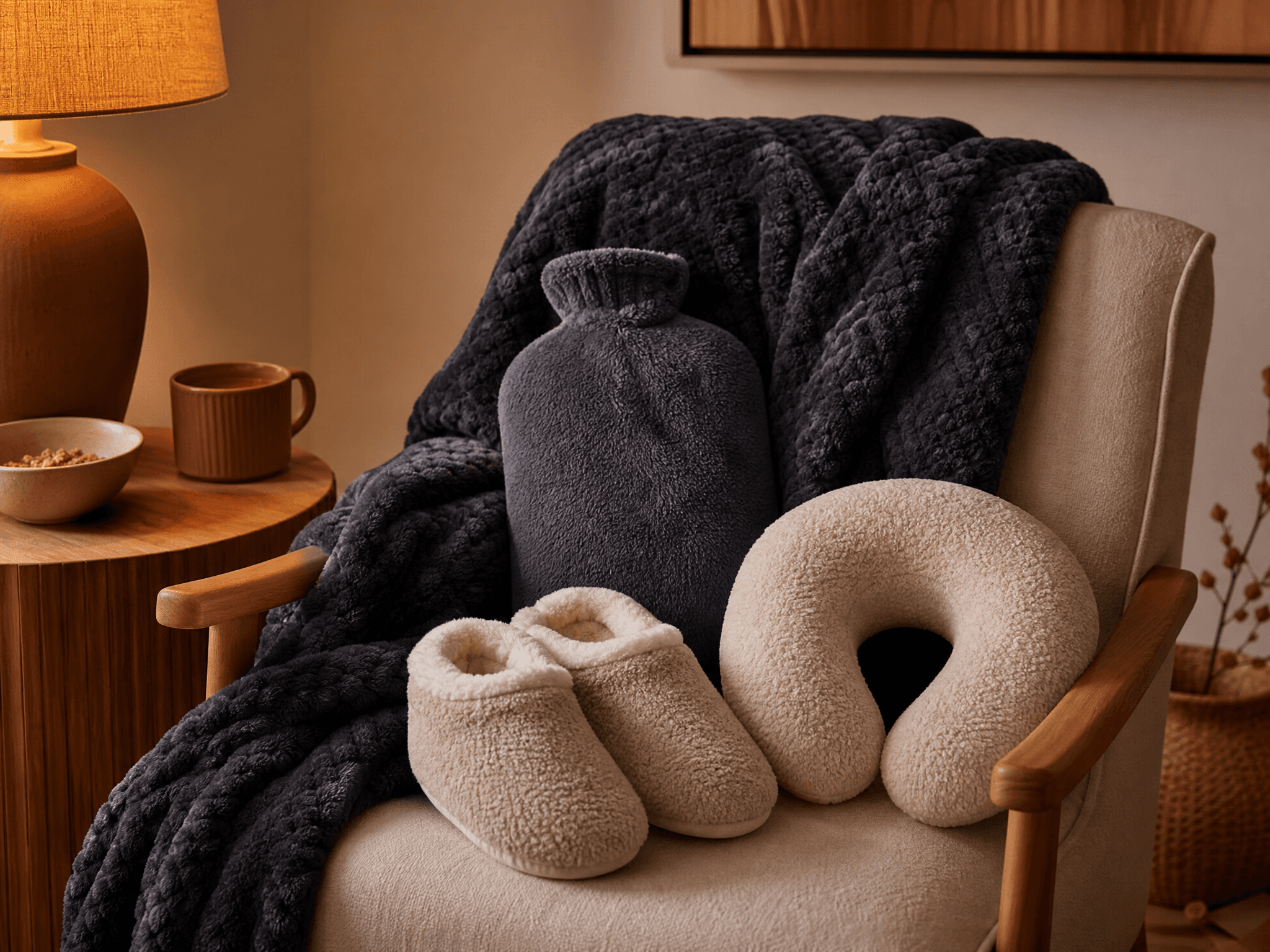 Thick blanket, covered hot water bottle, fleece foot warmers and neck pillow in a cosy corner