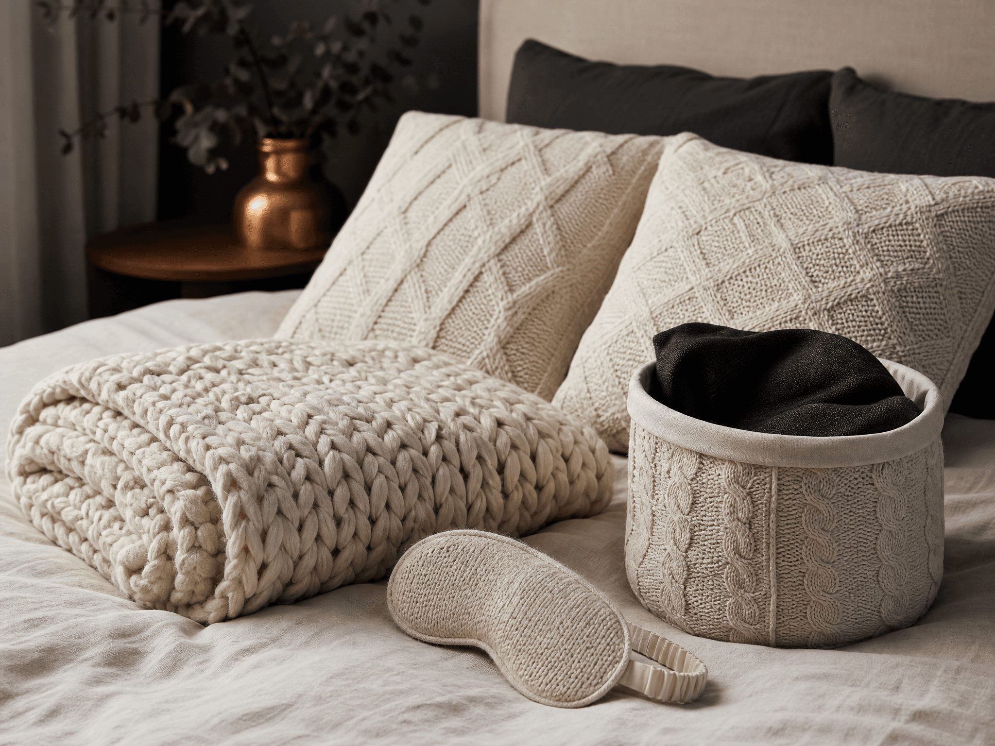 Chunky knit blanket, cushion covers, eye mask and fabric basket in a calm bedroom