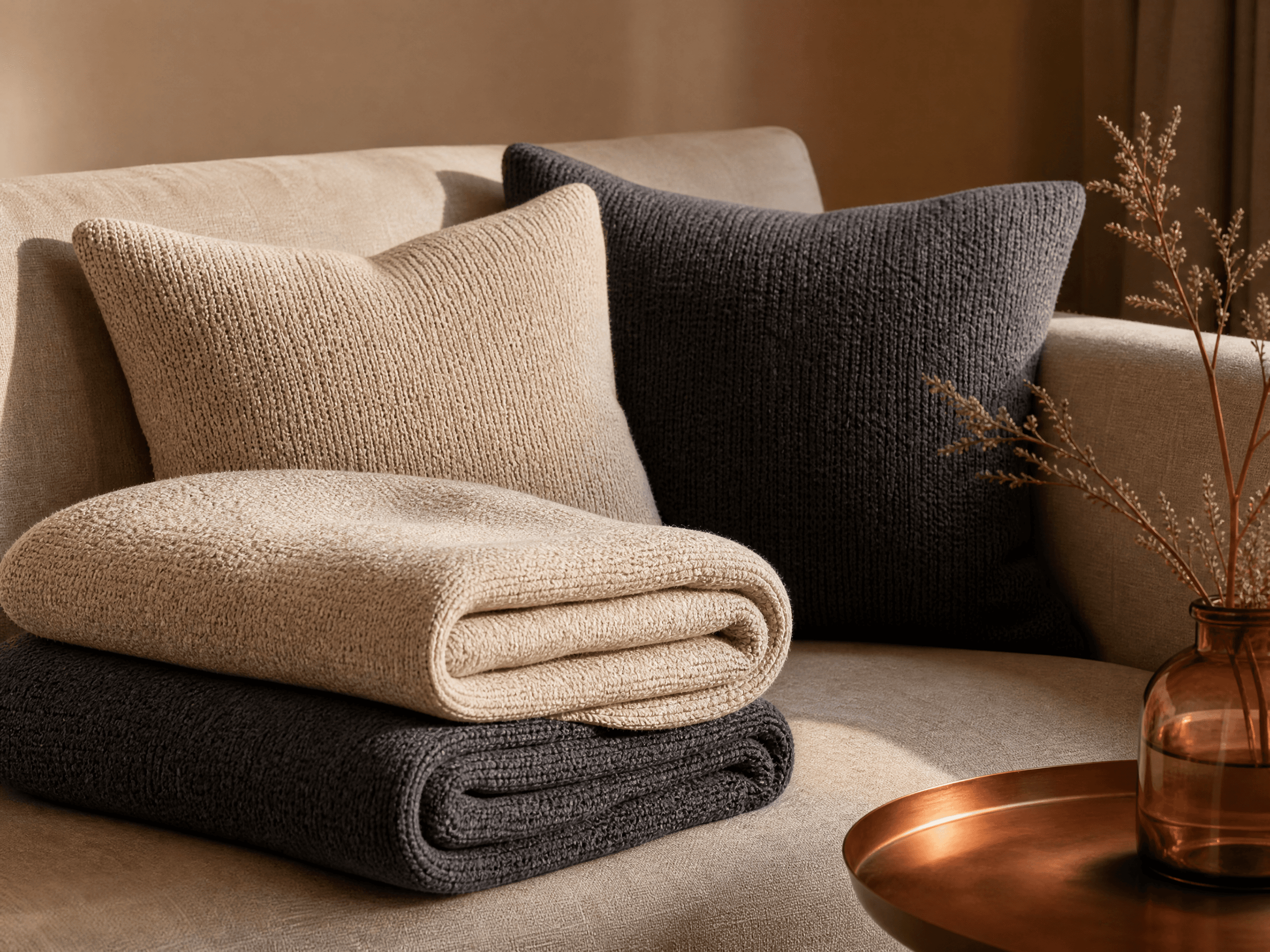Two folded knit throw blankets and matching cushion covers on a linen sofa in warm evening light