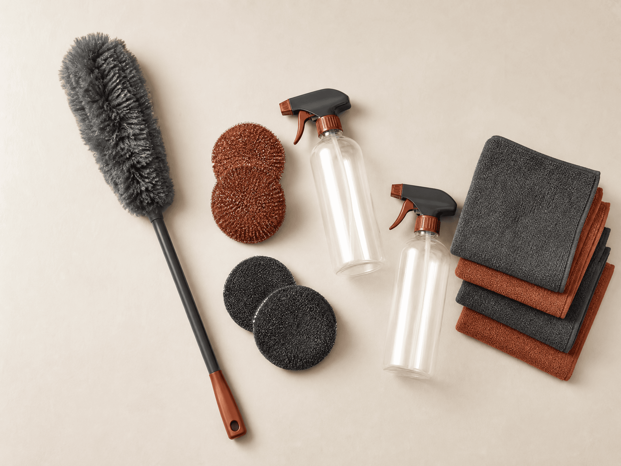 Long-handle cleaner, duster, scouring pads, spray bottles and folded microfibre cloths