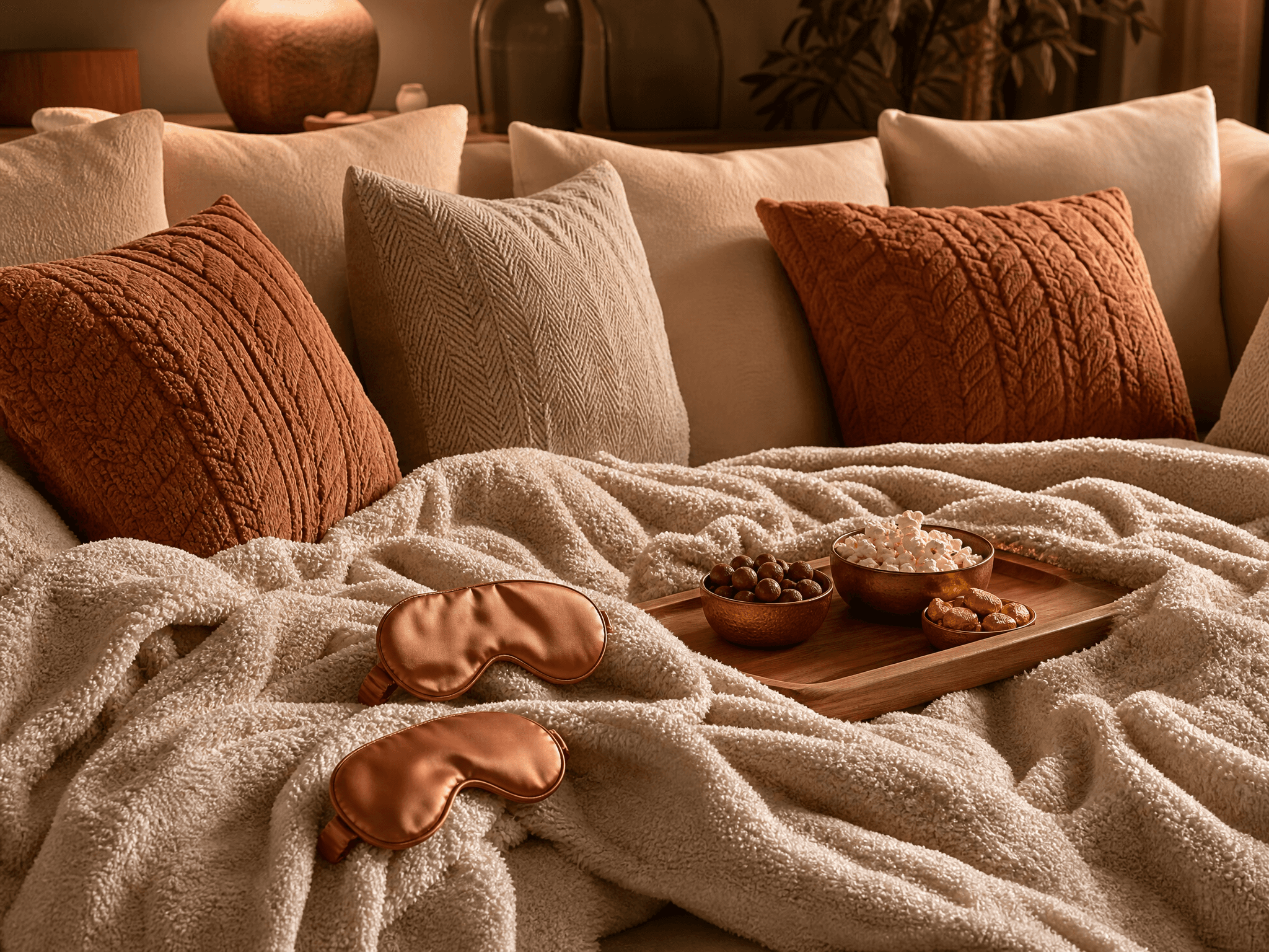 Oversized shared blanket, four cushion covers, snack tray and eye masks on a large sofa