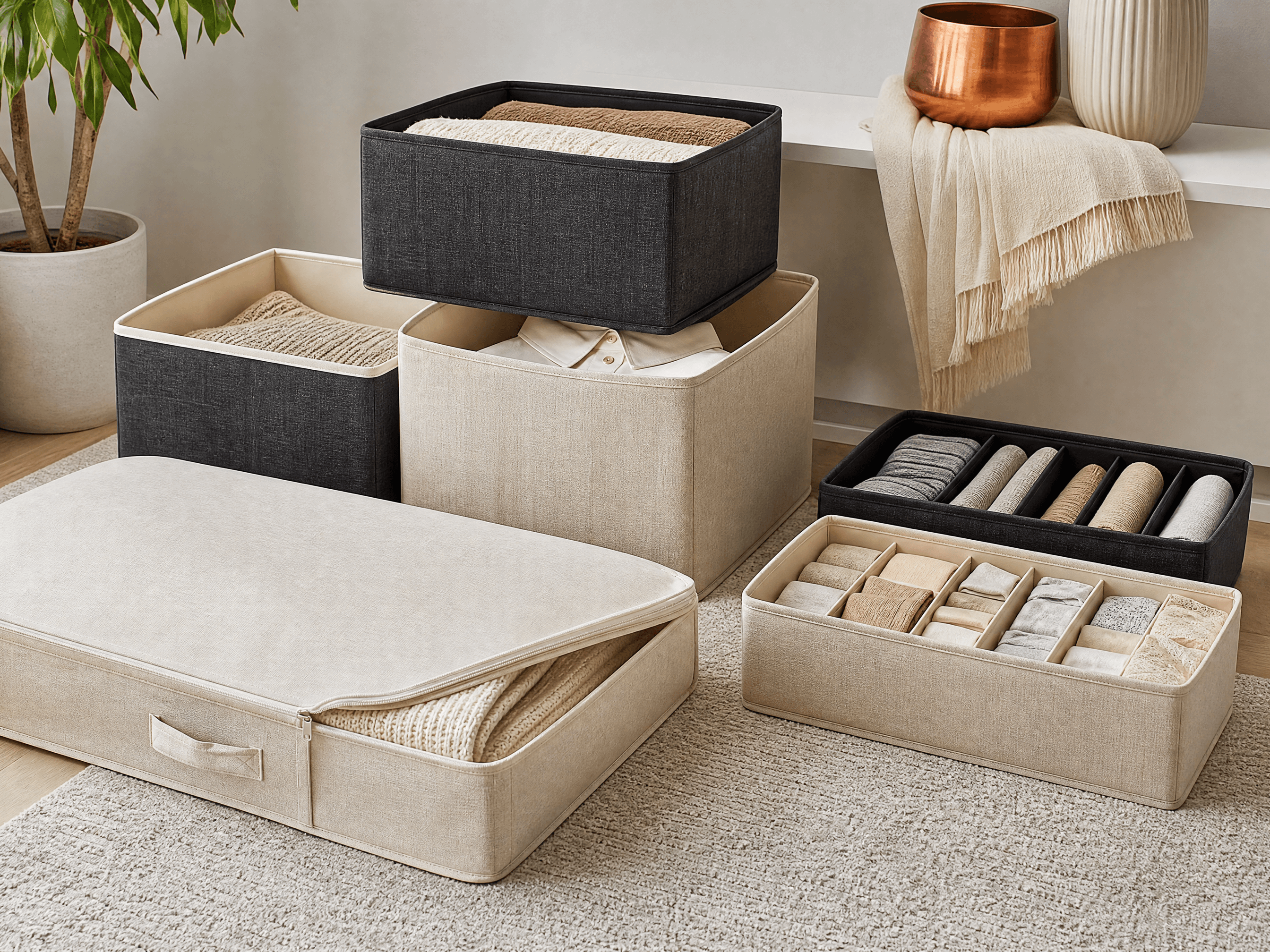 Three foldable fabric storage boxes with drawer dividers and an under-bed bag