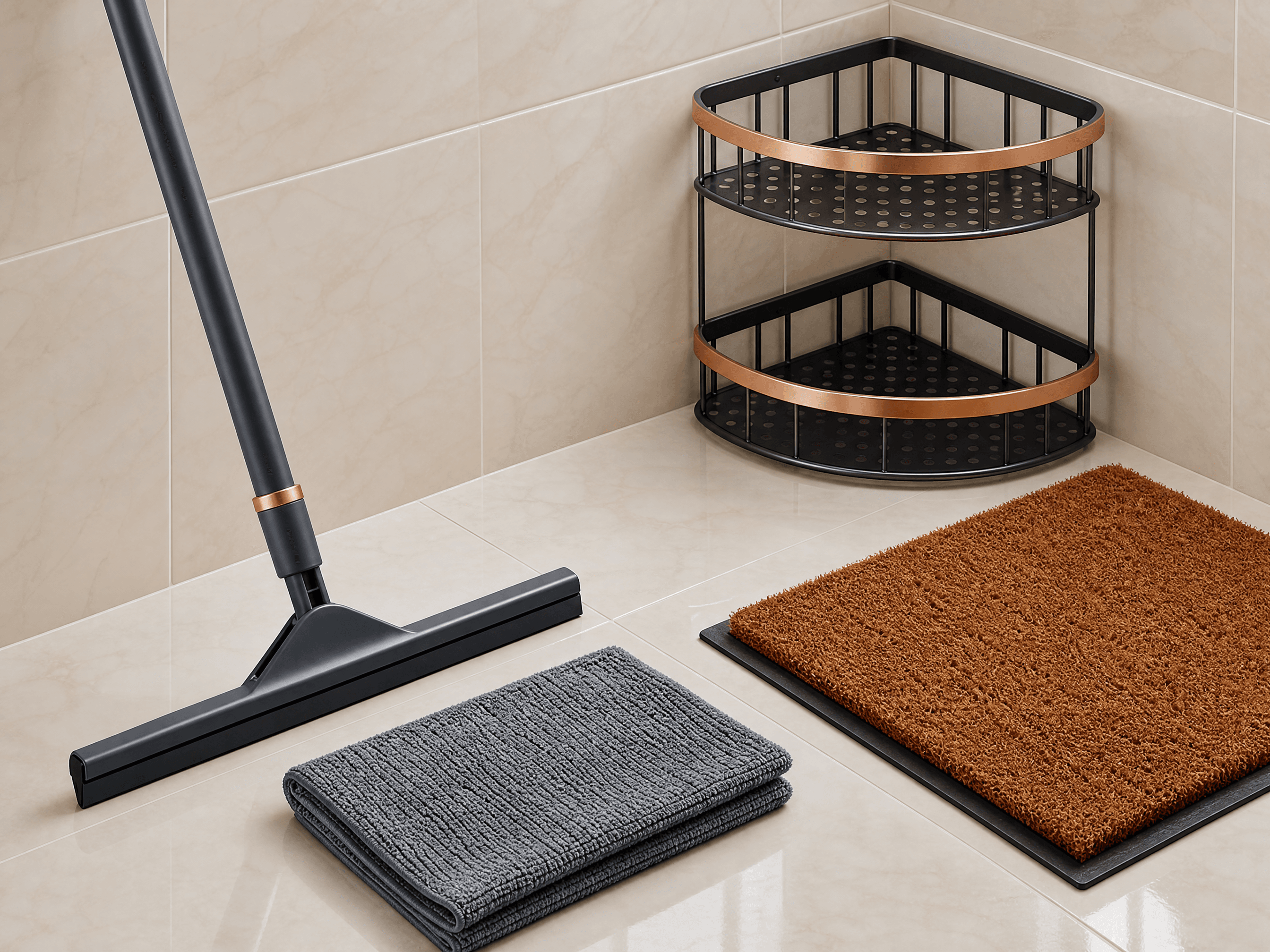 Floor squeegee, microfibre cloth, door mat and corner caddy on clean bathroom tiles