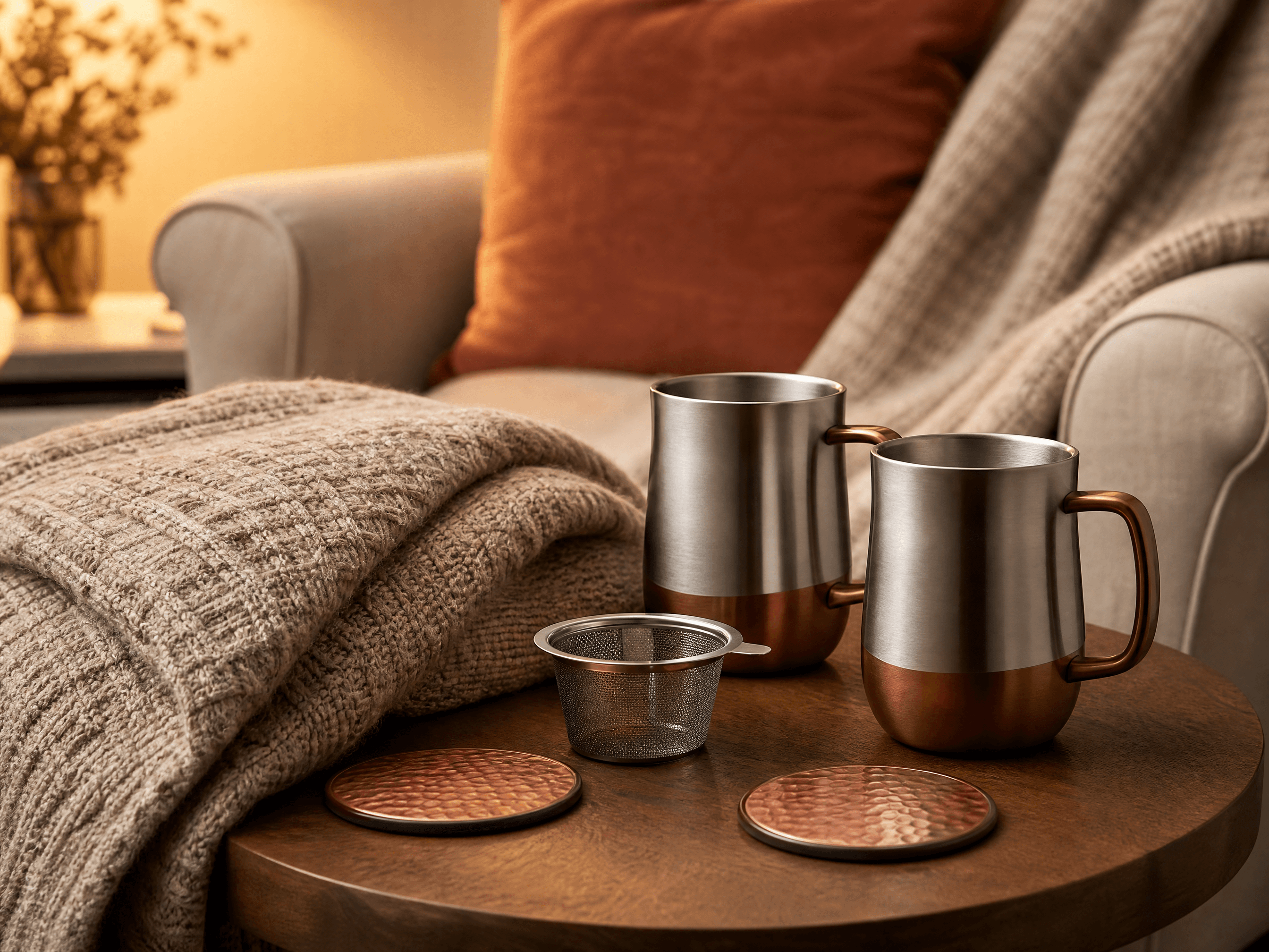 Two insulated mugs, a tea strainer, coasters and a folded knit lap blanket in a reading corner