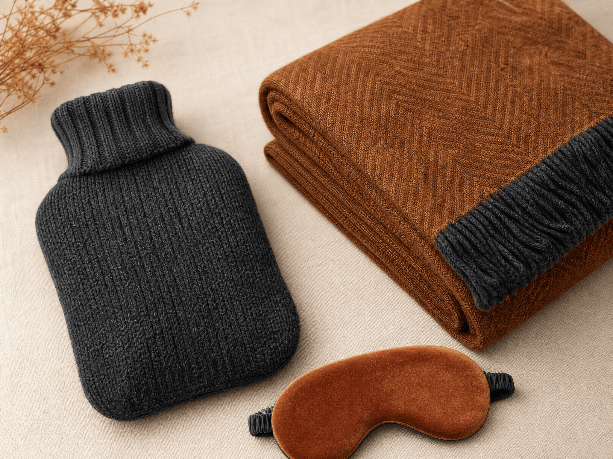 Knit-covered hot water bottle, folded lap blanket and sleep eye mask on a cream surface