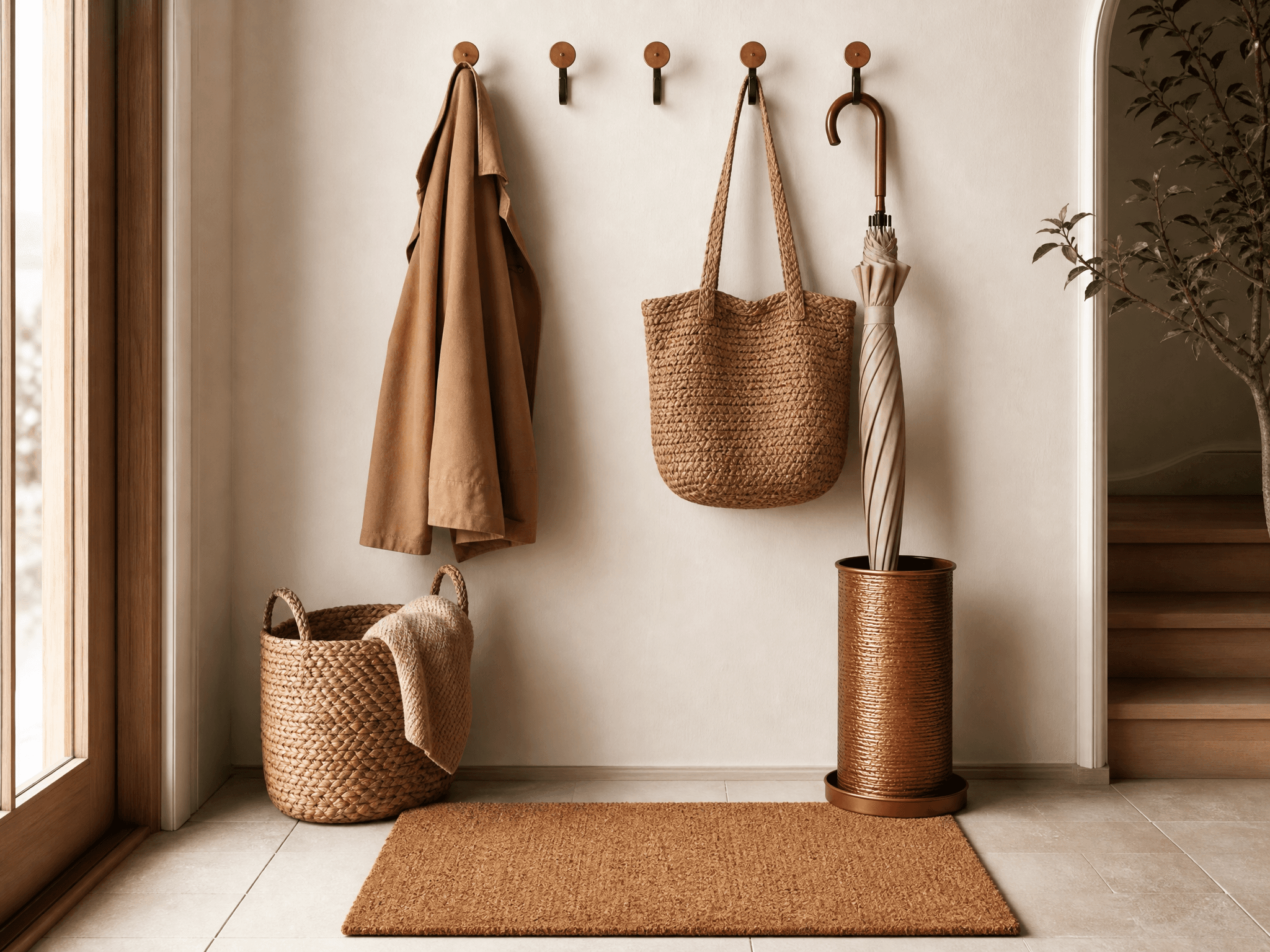 Coir door mat, wall hooks, umbrella drip stand and woven basket in a tidy entryway