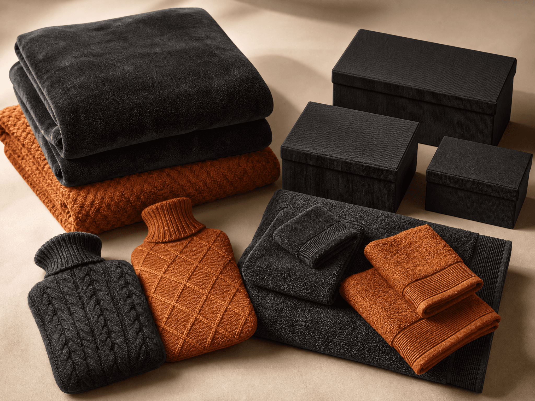 Two blankets, two covered hot water bottles, a towel set and three storage boxes laid out together