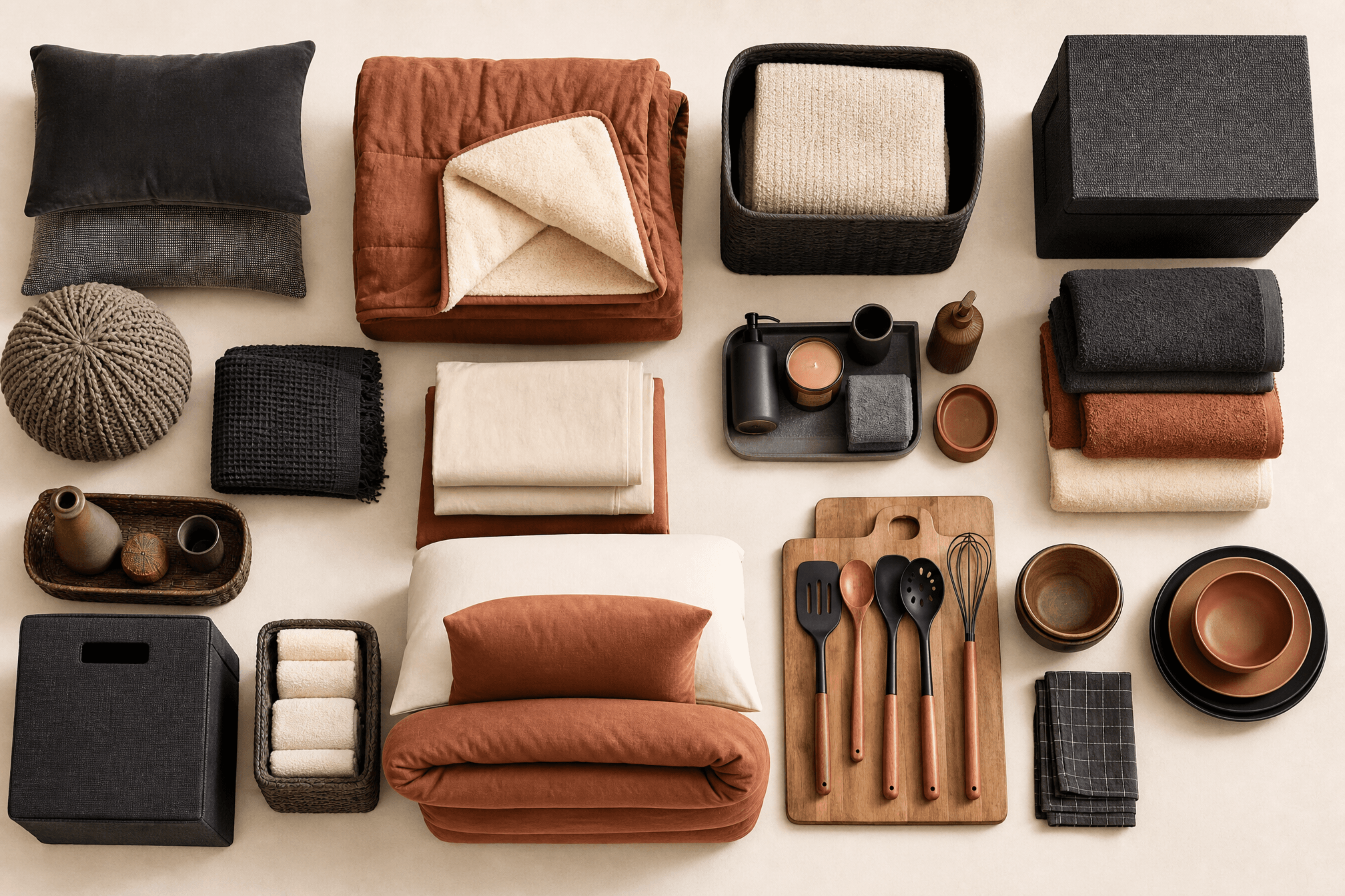 Home comfort items grouped by room on a cream surface
