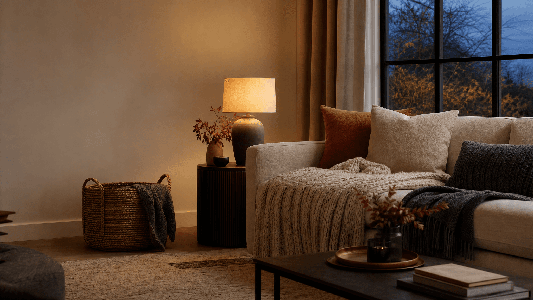Warm cosy living room at dusk with layered knit throws, cushions and a woven storage basket